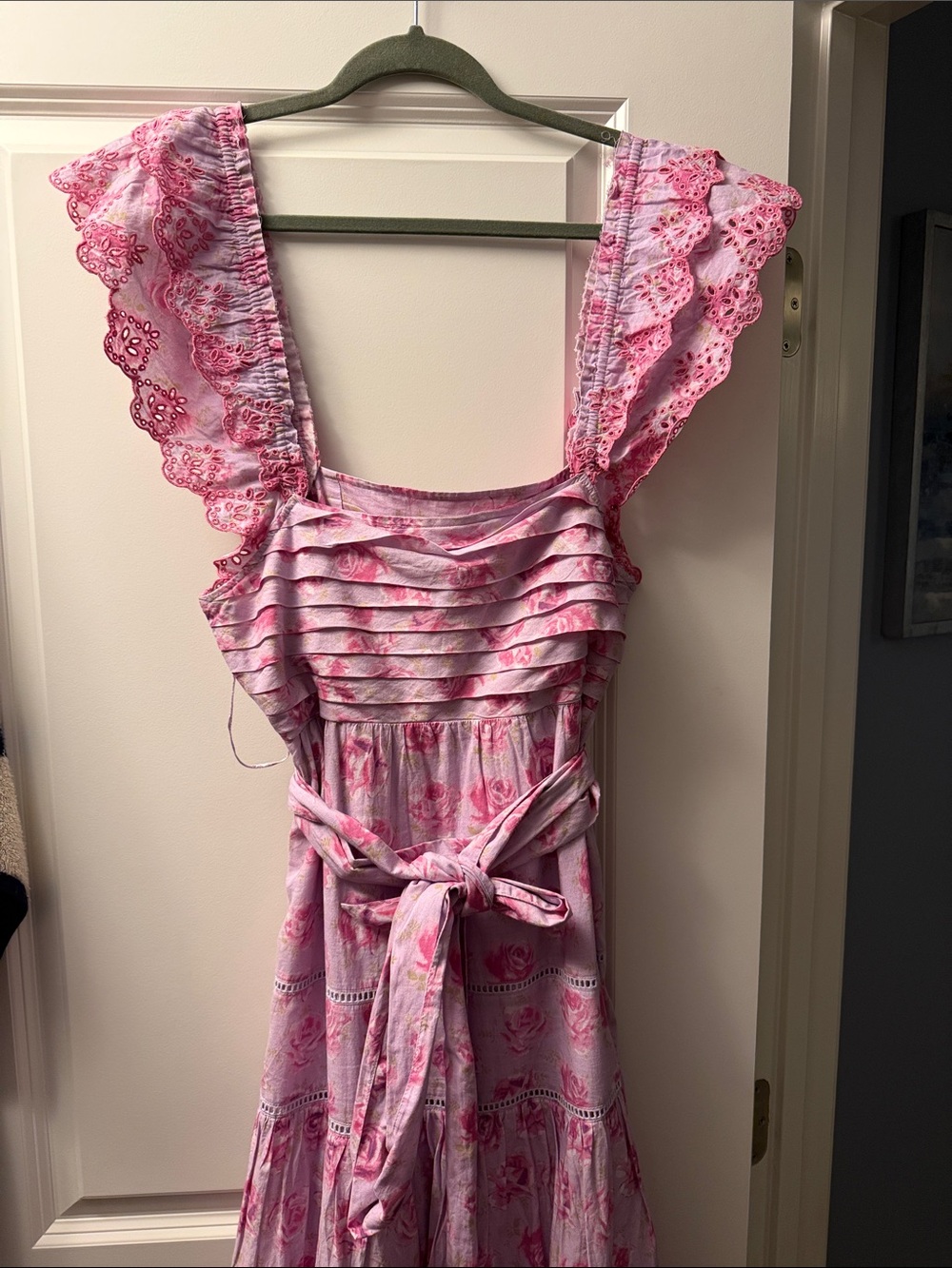 LoveShackFancy Pink Floral Ruffle-Shoulder Midi Dress - Picture 1 of 8